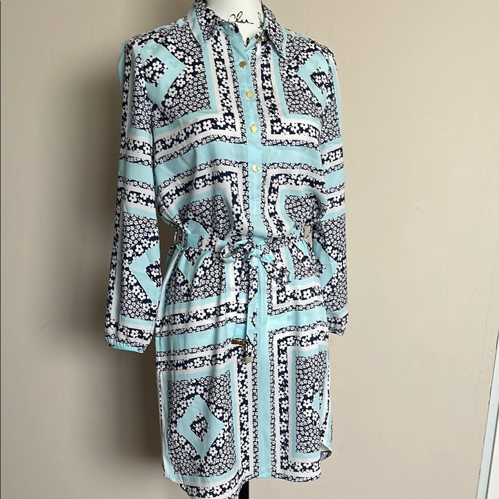 Juicy Couture Shirt Dress in Mint & Black Geometric Print